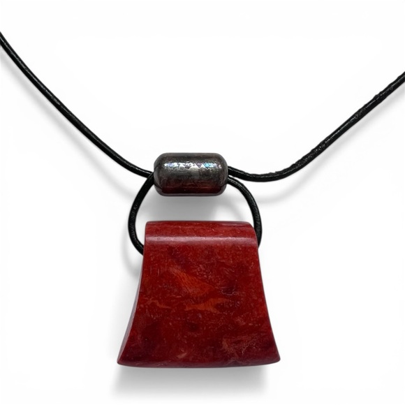 Vintage Jewelry - Modernist Red Resin Pendant Necklace on Black Cord
